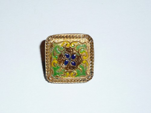 Beautiful Flower Motif Vintage Czech Square Glass Shank Button Green Yellow Blue - Picture 6 of 8