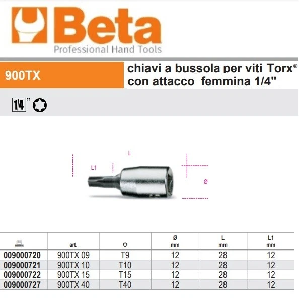 BETA 900TX CHIAVI A BUSSOLA PER VITI  TORX® CON ATTACCO 1/4" CROMATE  - Immagine 3 di 3