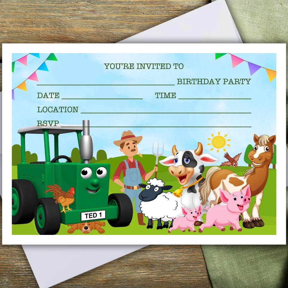 PEACHY IMPRESSIONS TRACTOR TED PARTY INVITATIONS - 10 invites & envelopes