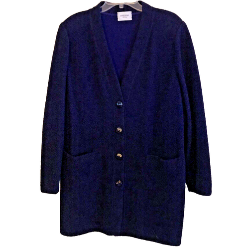 VTG Stizzoli Wool Long Cardigan Womens 18 Navy Boucle Knit Sweater Jacket Italy - Picture 2 of 14