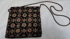 Vintage Zari Evening Bag/Clutch Black Velvet Hand Embroidered Metallic Thread