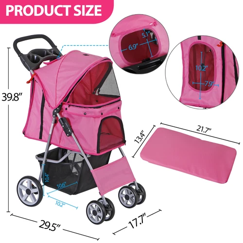 3/4-Wheels Pet Stroller Folding Dog Stroller w/ Safety Belt and Cup Holder - Picture 42 of 87