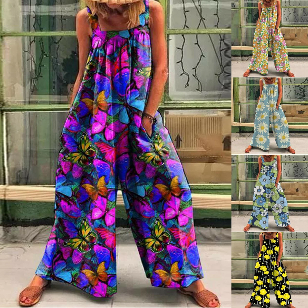 Women Summer Sleeveless Casual Cotton Jumpsuit Rompers Floral Print Long  Pants