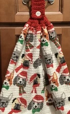 Double Kitchen towel xmas  Multi Breed Dogs Hats Scarfs crocheted Red top