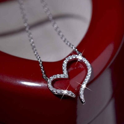 925 sterling silver simulated diamond funky love heart pendant chain necklace