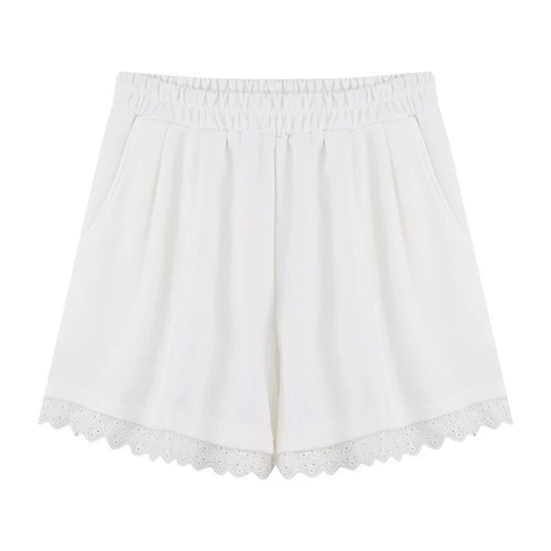 Model wearing high waist wide leg casual shorts with lace trim Loose Fit Short - Picture 9 of 9