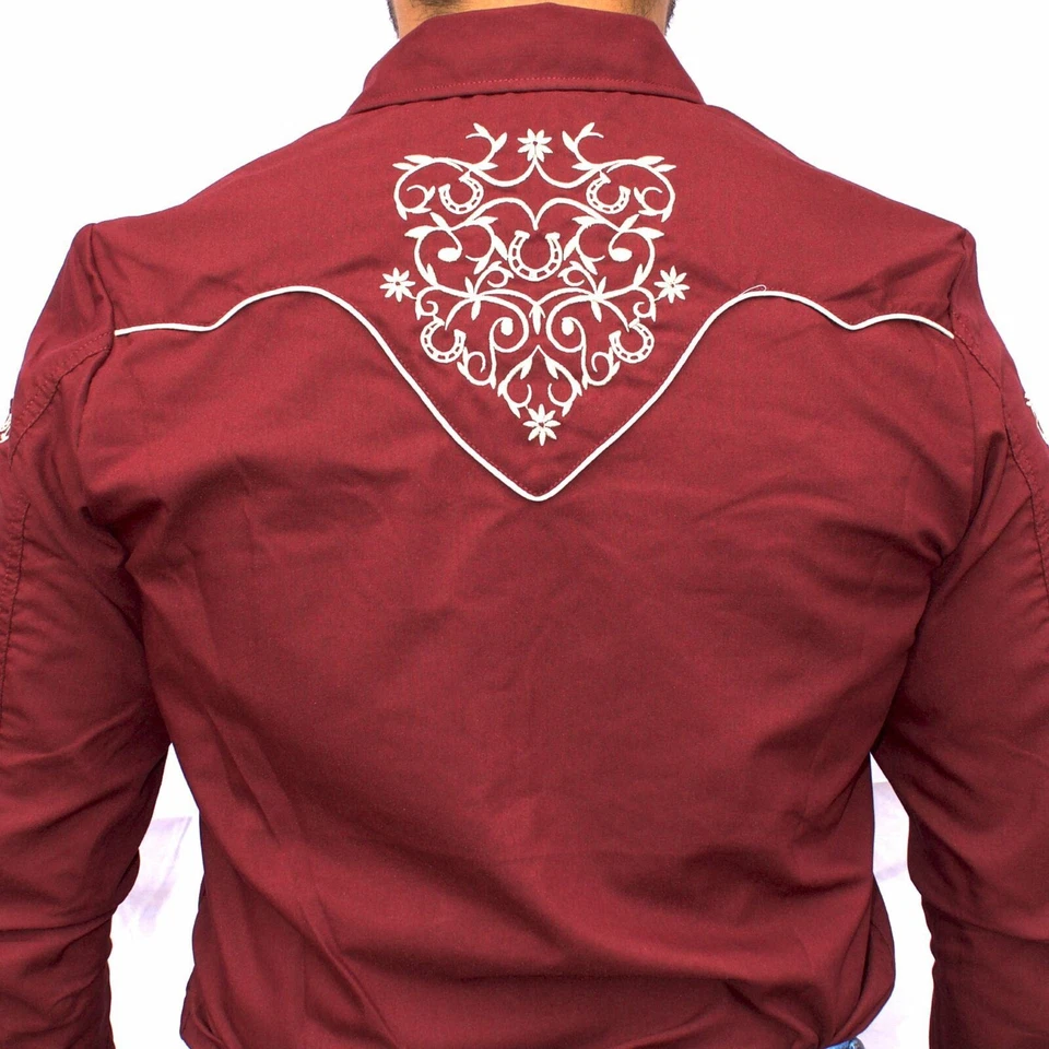 Camisa Estilo Charro Color Vino Con Bordado - Camisa Charro Western Para Hombre Foto 2 de 2