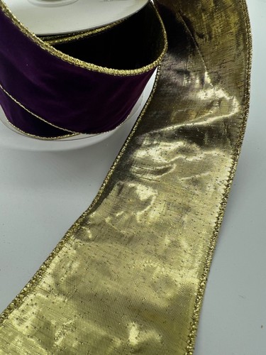 1.5" x 10" Yards Purple Velvet w/ 2nd Side Gold Wired Edged Ribbon - Picture 2 of 6