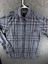 Burberry Plaid Medium London Gray Long Sleeve Button Up Shirt Pocket Blue Spread