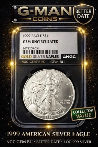 1999 American Silver Eagle NGC Gem BU 1oz .999 Silver Key Date