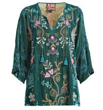$295 JOHNNY WAS SZ L SISA EMBROIDERED VELVET KAFTAN BLOUSE PEACOCK NWT