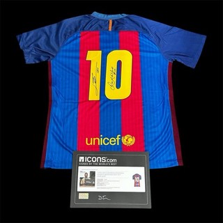 LIONEL MESSI & RONALDINHO Signed Fc Barcelona Home Jersey COA Icons