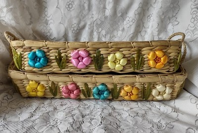 Vintage Set Of Two Nesting Woven Baskets With Raffia Flowers