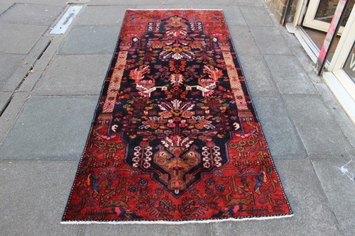 Vintage Hand Made Traditional Oriental Wool Black Red Long Rug Runner 258x108cm