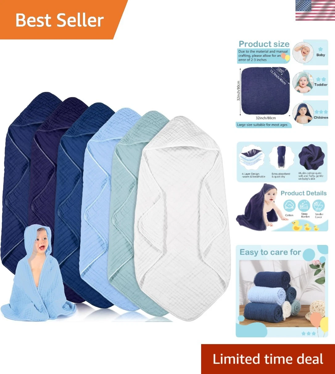 6 Pcs Muslin Hooded Baby Towels, 32"x 32" Cotton Newborn Bath Towel Muslin In...