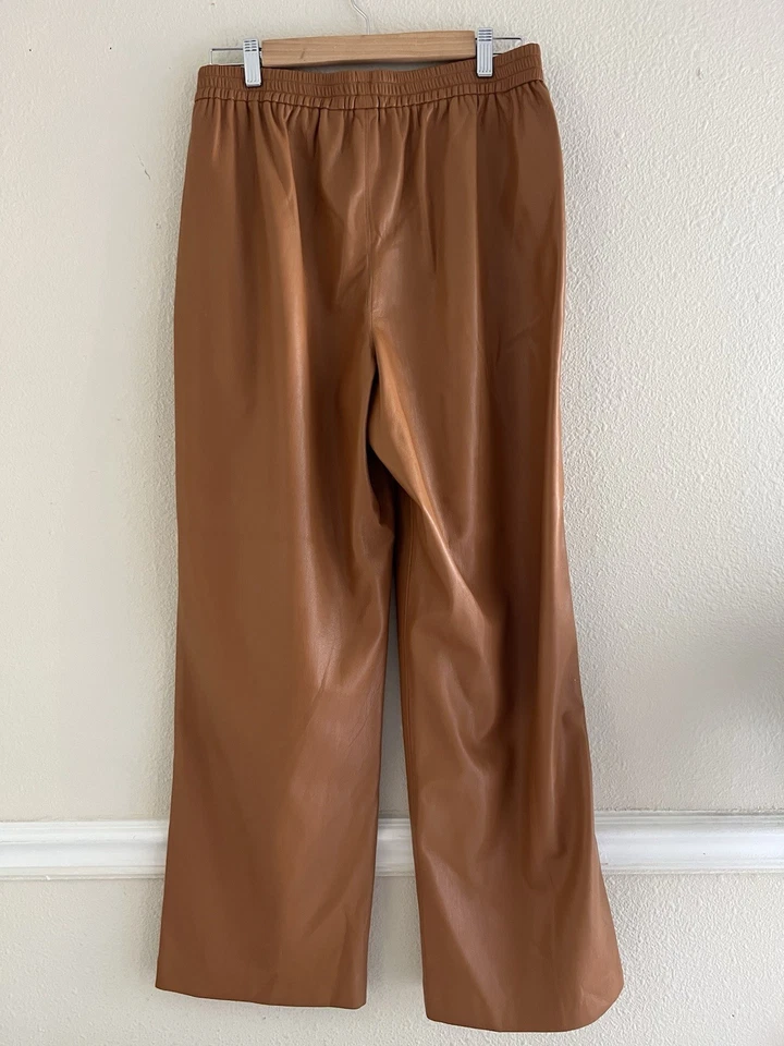 Pantalones Elie Tahari Vegano Cuero Pierna Ancha Camel Talla Mediana Neutro Tranquilo Oficina Foto 2 de 4