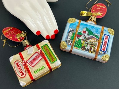 New Lot of 2 Kathe Wohlfahrt POETRY IN GLASS Suitcases Blown Christmas Ornament