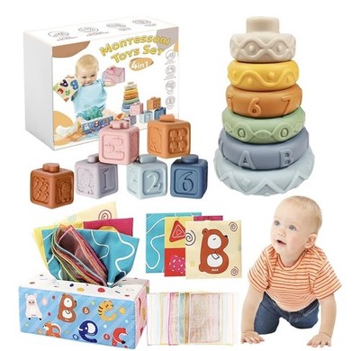 Montessori Baby Toys 6-12 Month 4 in 1 Toy Set Stacking Block Sensory Tissue Box
