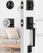 Black Front Door Handle and Deadbolt Set, Front Door Lock Set with Crystal Glass