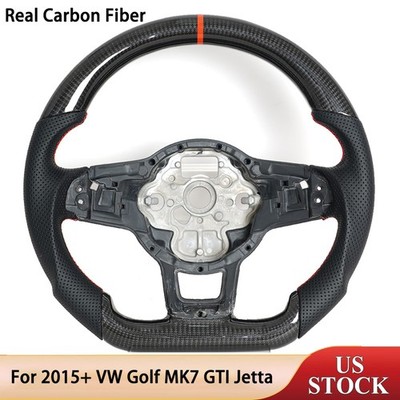 Real Carbon Fiber Flat Steering Wheel W/Red Line For 15+ VW Golf MK7 GTI Jetta 