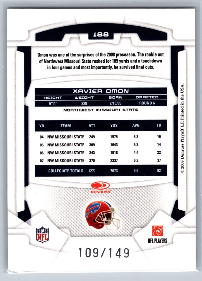 2008 Leaf Rookies & Stars Longevity #188 Xavier Omon Sapphire #/149 - Image 2 of 2