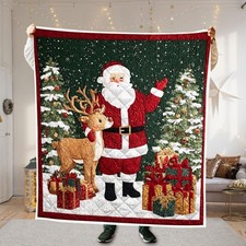 Santa Claus Reindeer Quilted Blanket, Christmas Quilt Throw Cozy Holiday Decor