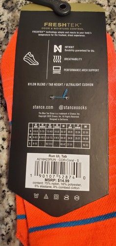 Stance Run Ul Tab No Show Socks, Coral, Size: Mens,3-5.5, Womens,5-7.5 - Picture 6 of 6