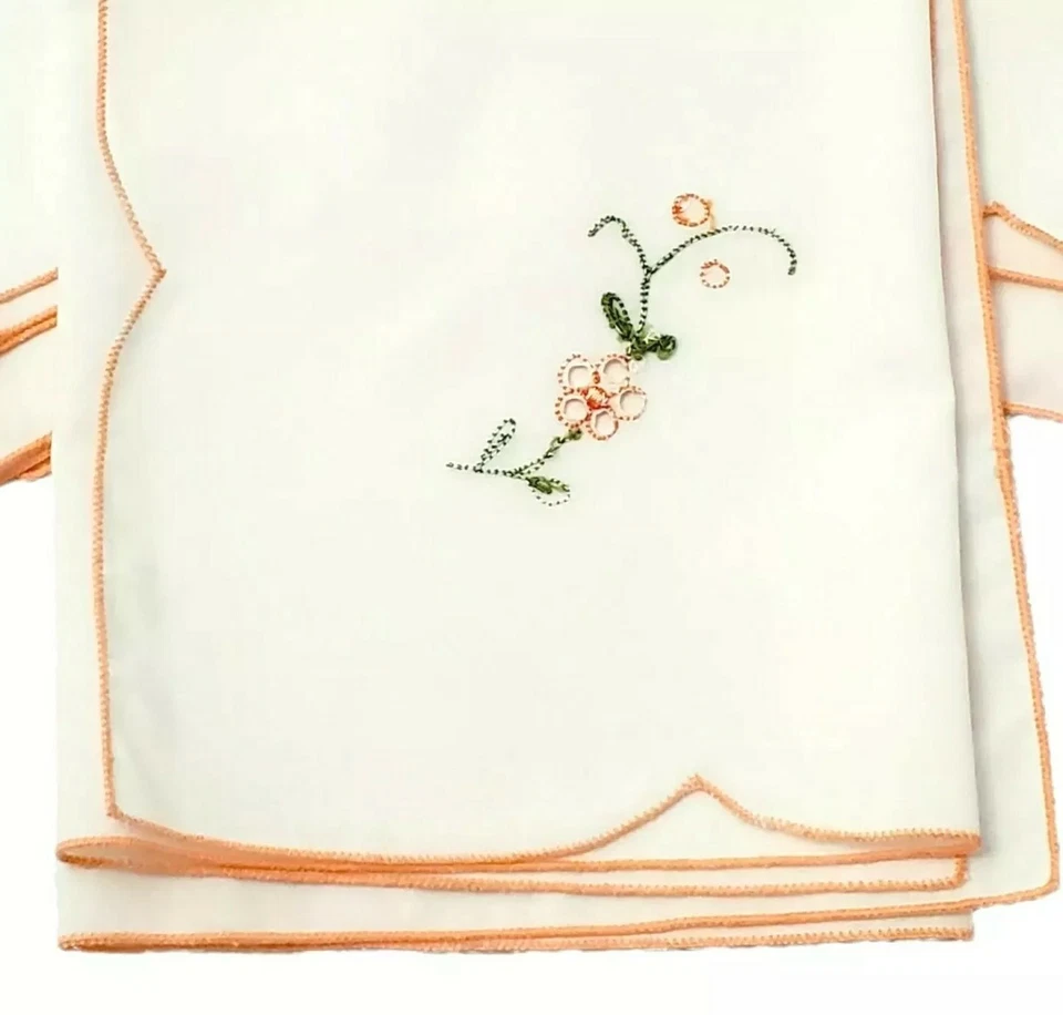 Vintage Embroidered Hankies Handkerchief Floral Coral Pink Trim Lot of 4 NOS - Image 2 of 4
