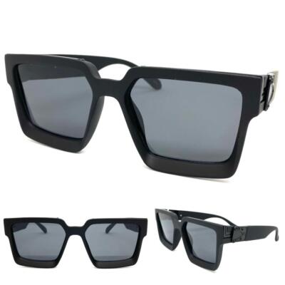 Classic Vintage Retro Style SUN GLASSES Large Square Matte Black Frame Dark Lens