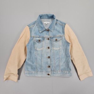 Sandro Paris Womens Denim Jacket Blue 6 UK Lamo Leather Sleeves Button Front