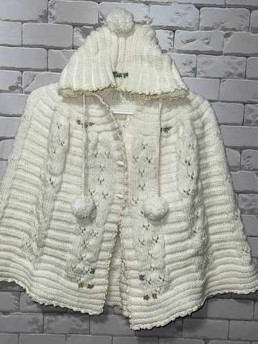 Girls Handmade Knit Shawl Poncho Hooded Sweater Cape Embroidered White  Med - Picture 1 of 7