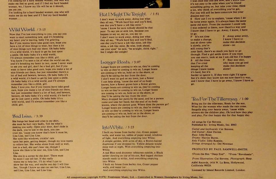 CAT STEVENS TEA FOR THE TILLERMAN A&M SP 4280 RECORD ALBUM LP - Image 4 of 4