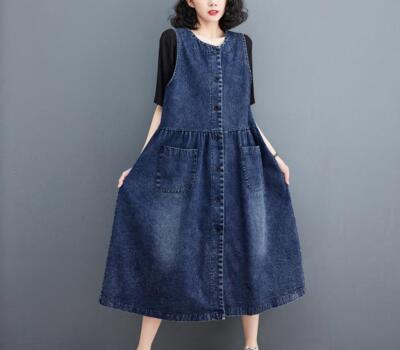 Women's Waistcoat Dress Retro Round Collar Single-breasted Loose A-Line  Skirt | eBay