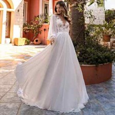 Boho Chiffon Wedding Dresses Scoop Neck Puff Sleeves Lace Appliques Bridal Gowns