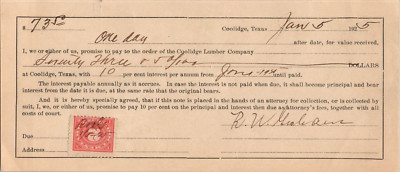 1917 & 25 2 Signed Promissory notes Coolidge Texas TX 2 cent document stamps
