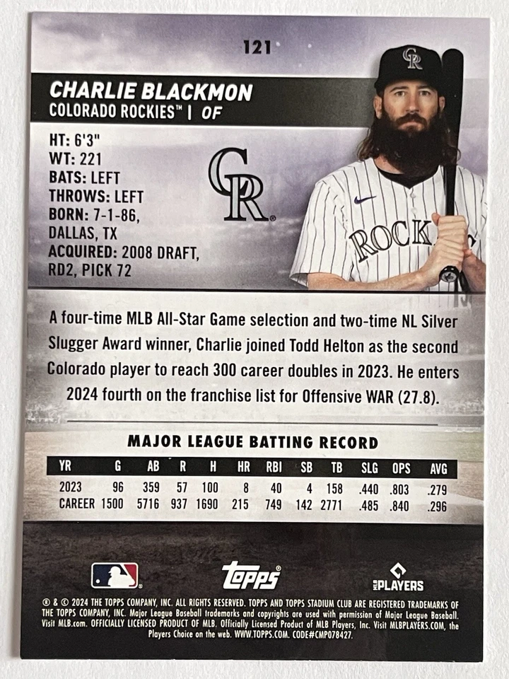 2024 Stadium Club, Charlie Blackmon, Sepia #121  - Image 4 of 4