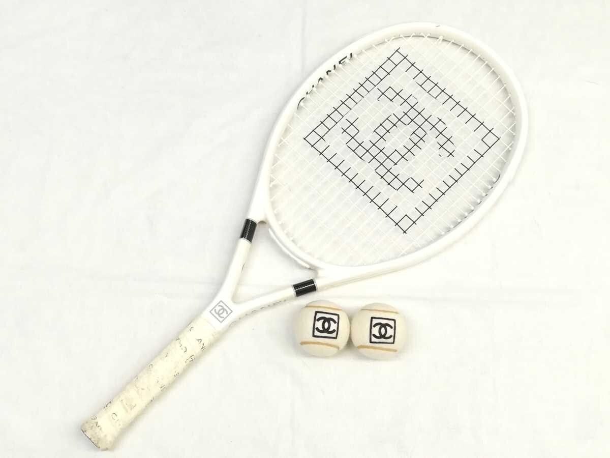 Auth CHANEL Tennis Racket &amp; Tennis Balls Set Coco Mark White Sports  27.5&#034;×11.4&#034; | eBay