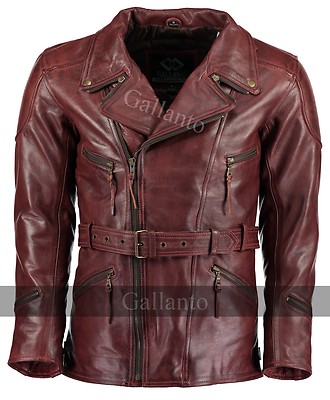 3/4 Vintage Red Distressed Eddie Mens Motorcycle Biker Long Leather ...