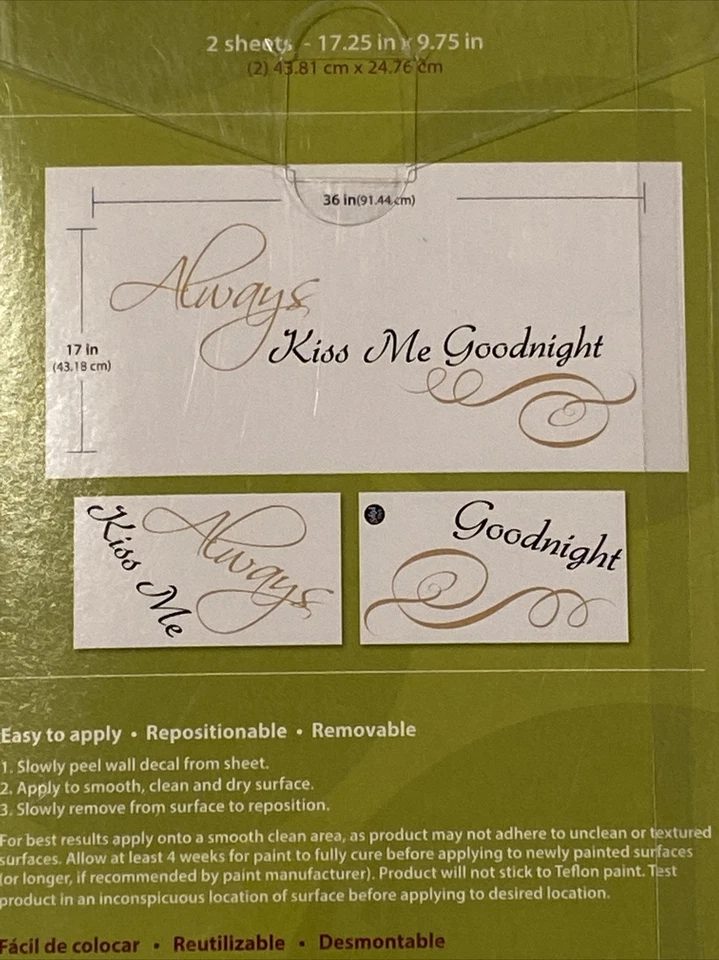 Calcomanía ALWAYS KISS ME GOODNIGHT Pelar, Pegar, Mover Decoración del Hogar Letras Cita Foto 2 de 3
