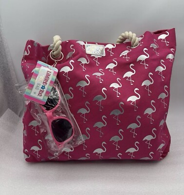 LIMITED TOO Hot Pink Silver Flamingo Beach Tote Bag Sunglasses Shiny Bling - NWT
