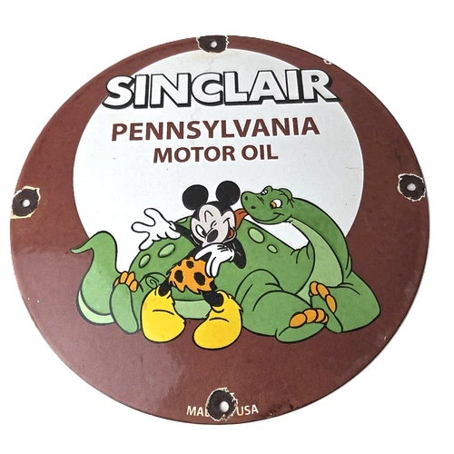 Vintage Sinclair Gasoline Sign - Mickey Mouse Porcelain Gas Pump Dinosaur Sign
