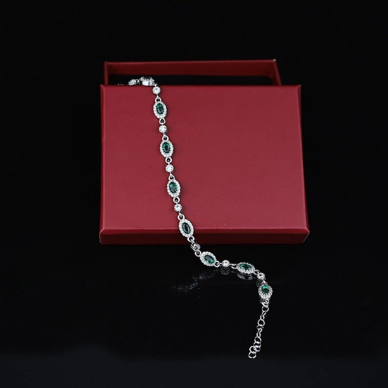 Women Silver Emerald Tennis Bracelet May Birthstone Emerald Bracelet - Image 2 of 4