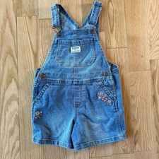 Oshkosh B'gosh Blue Denim Floral Embroidered Short Overalls Toddler 4T