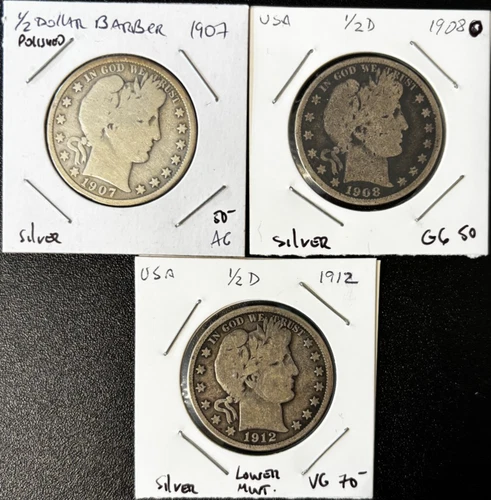 Three Barber Half Dollars: 1907P, 1908O and 1912P. Likely AG to VG per photos.
