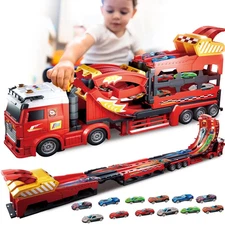 3in1 Transport Car Carrier Truck Toy w/3 Layer Foldable Car Track, 12P Die Ca...