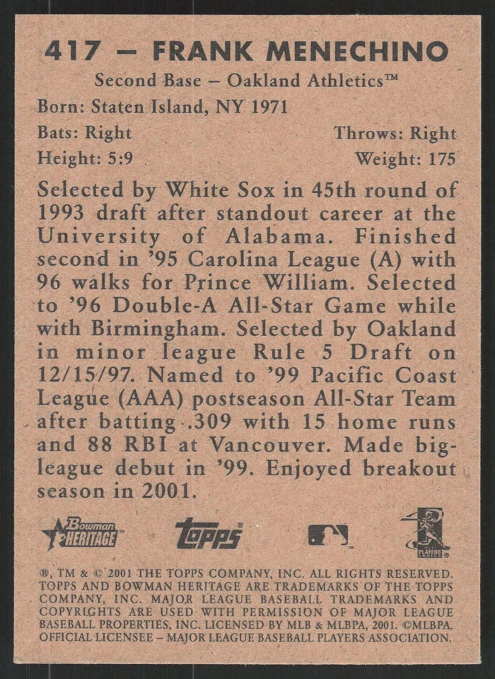 2001 Bowman Heritage Frank Menechino #417 RC AG - Image 2 of 2