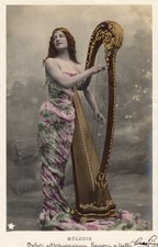 ANTICA CARTOLINA: MUSICA, RAGAZZA DONNA CON ARPA, STRUMENTO A CORDA