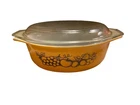 V•Vintage Pyrex #043 Oval 1.5qt Gold Casserole Dish w/Clear Lid, Old Orchard