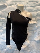 Mani re De Voir One Shoulder One Sleeve Chain Bodysuit Black Size 12