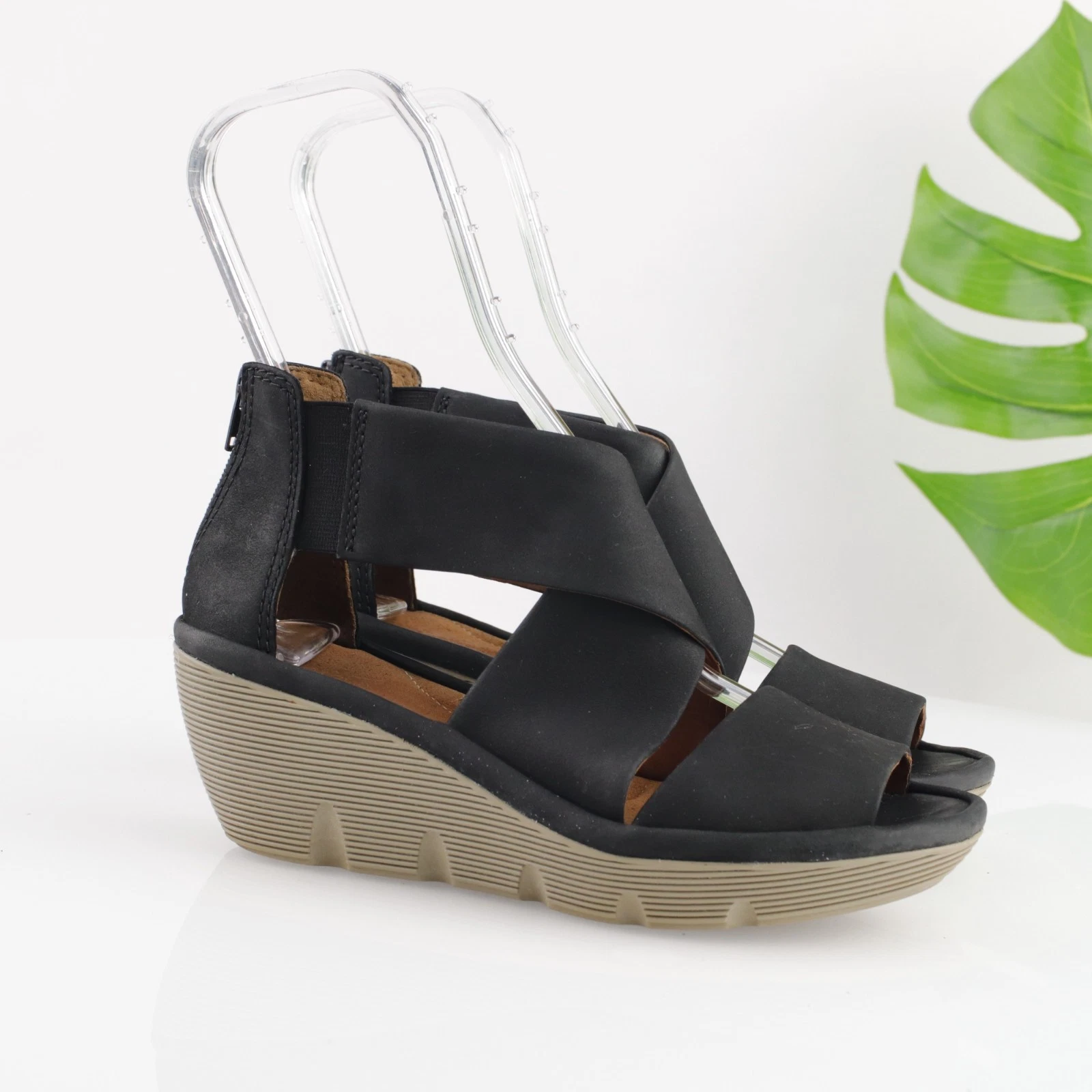 Sandalo donna Clarks Clarene Glamor taglia 8 nero pelle zeppa tacco plateau